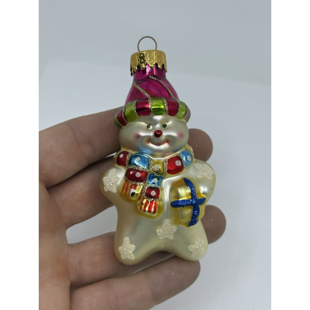 Snowman Pink Green Star Glass Christmas Ornament Read*